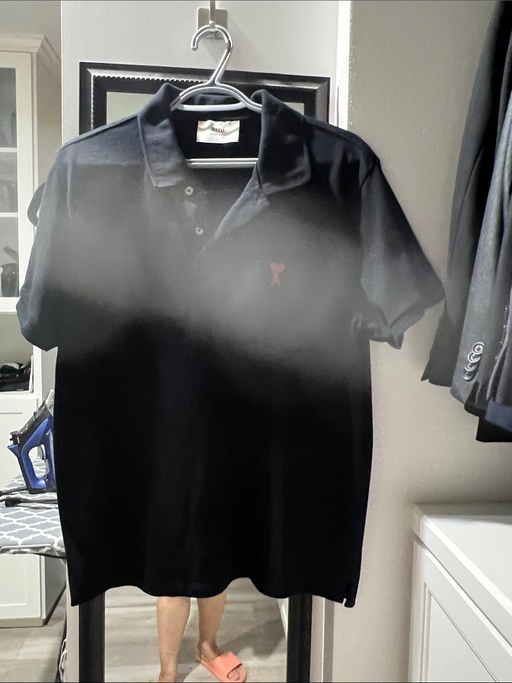 Ami authentic Men's Black Polo Shirt with Pink heart A Logo, size L, like new
